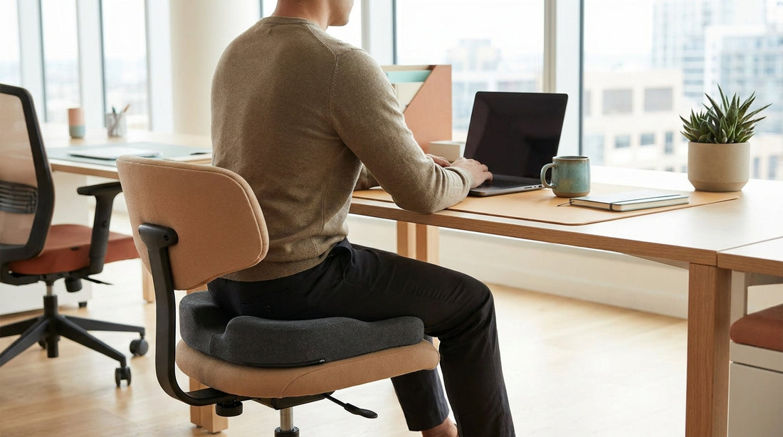 Ergonomisches Sitzen im Büro mit Steißbeinkissen auf dem Bürostuhl