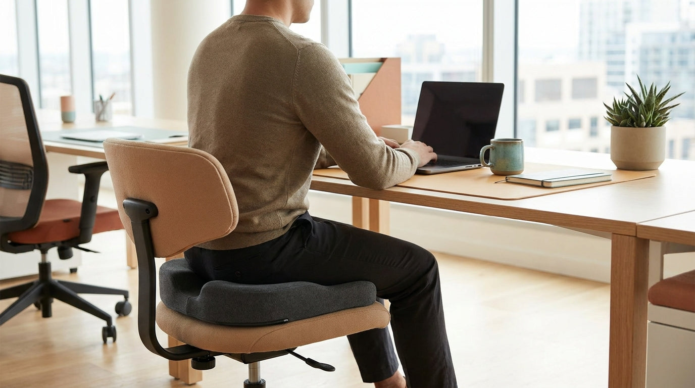 Ergonomisches Sitzen im Büro mit Steißbeinkissen auf dem Bürostuhl