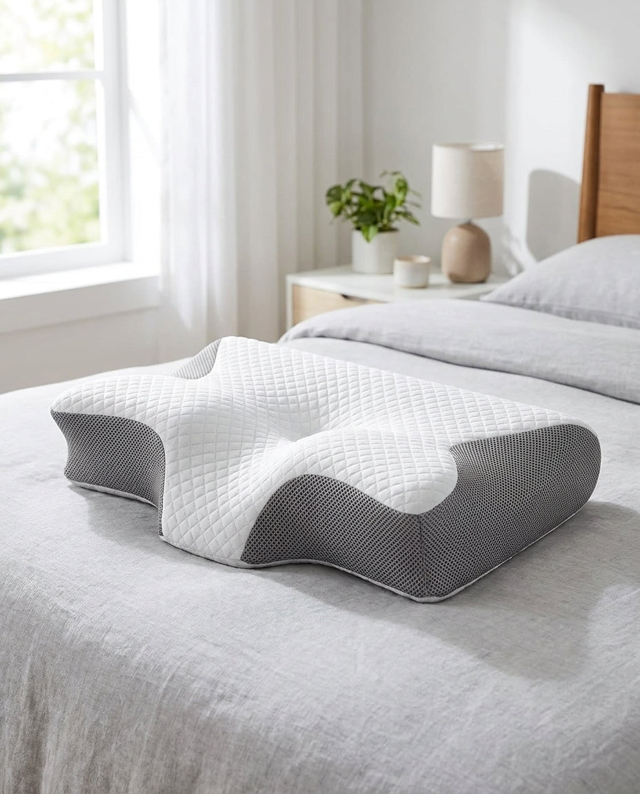 Nackenkissen ergonomisch geformt, gesteppt – Weiß, dunkelgrau gem – life